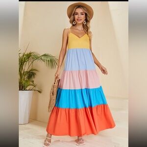 Colorful Maxi Dress Rainbow Striped Tiered XS NEW Pink Yellow Orange Blue Beach
